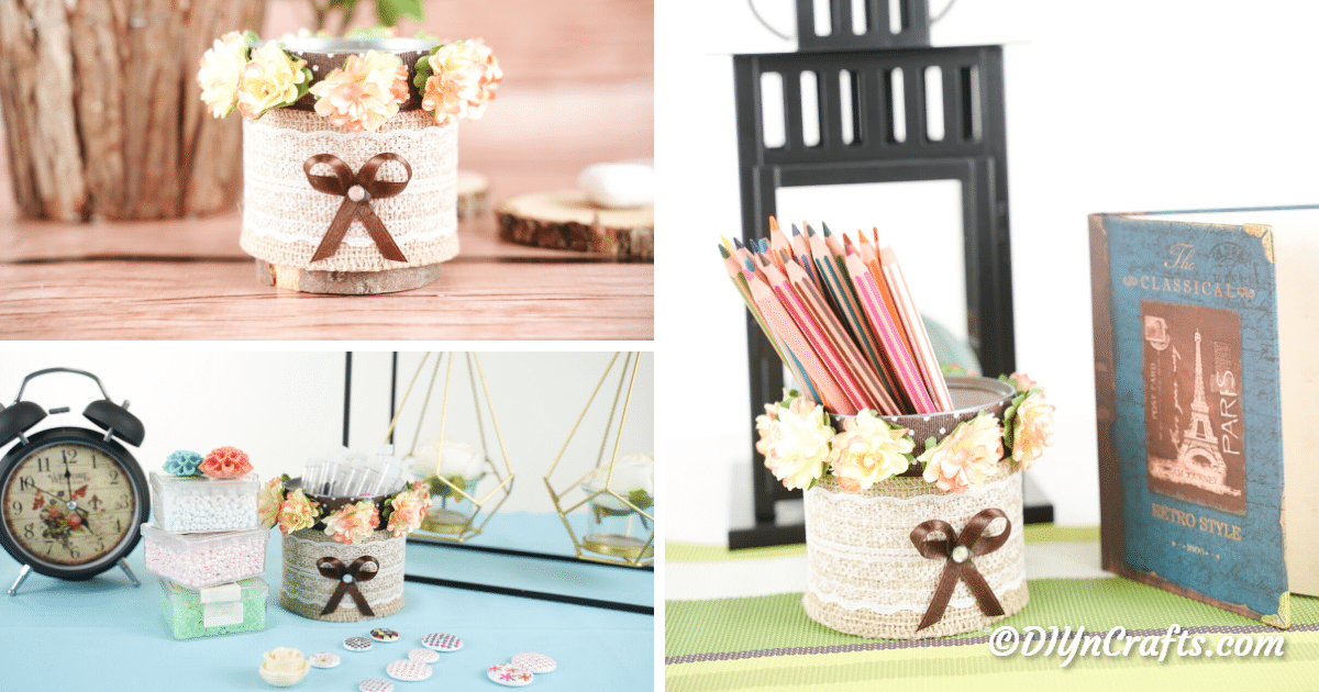 Rustic Burlap Lace Wrapped Decorative Storage Can